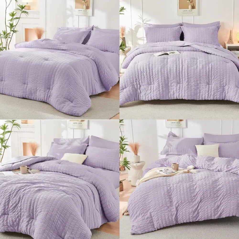 7-Piece King Lavender Seersucker Comforter Set: All-Season Luxury Bedding with Sheets, Pillowcases & Shams