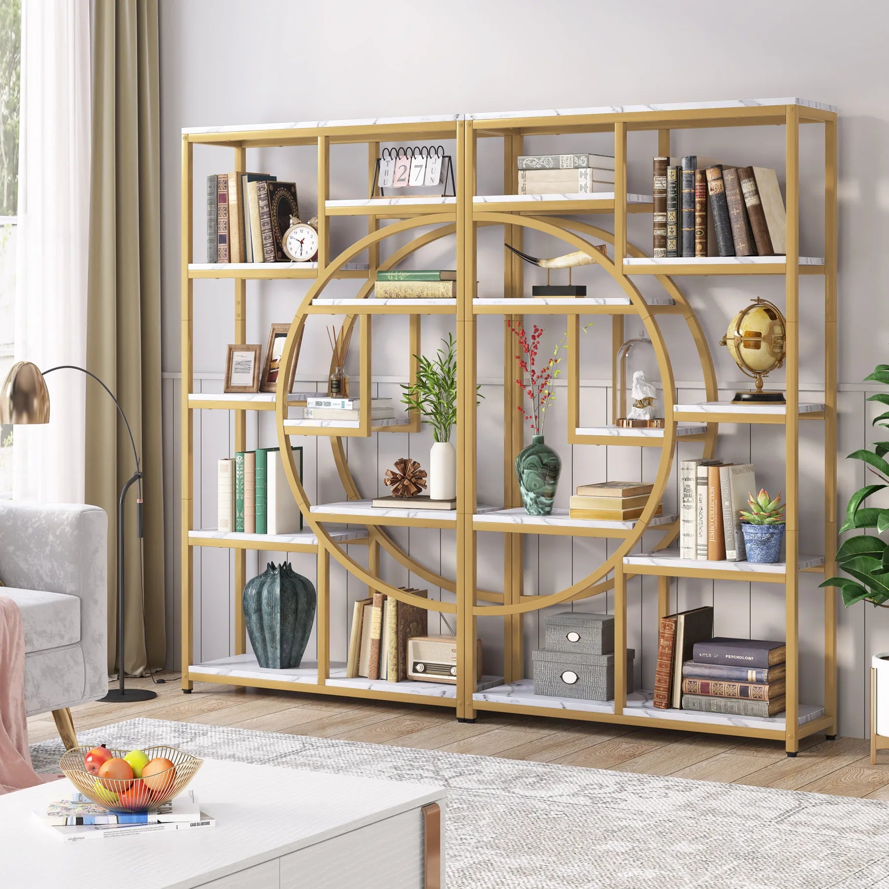 Tribesigns Gold 8-Open Shelf Étagère Bookcase with Faux Marble – Modern Display Bookshelf