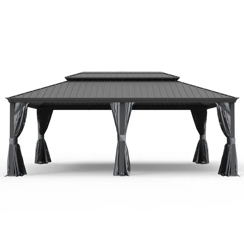 14x22 Hardtop Gazebo, Upgraded Metal Canopy with Drainage System, Dual-Layer Galvanized Steel Roof, Includes Curtains &
