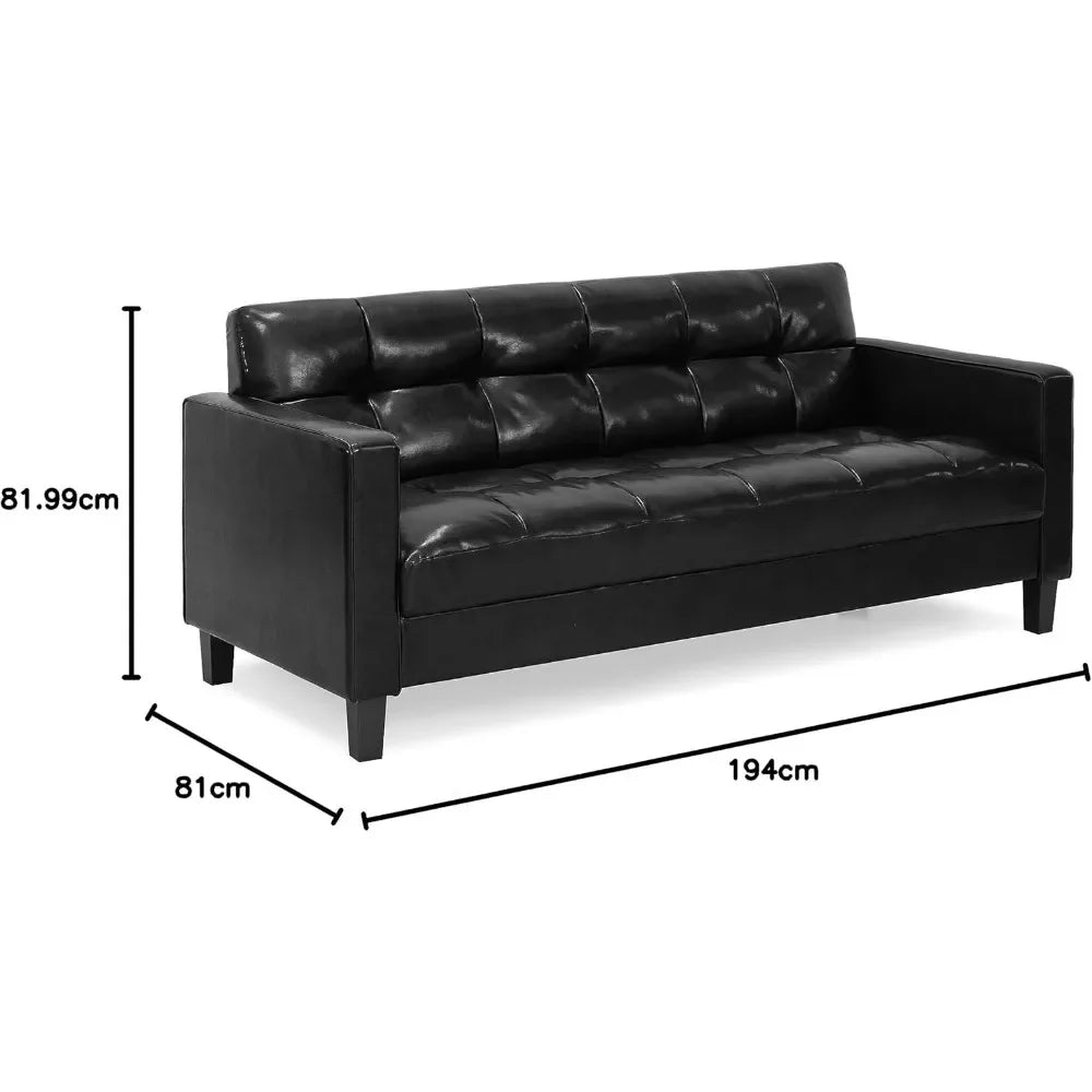 Black Contemporary Tufted Faux Leather Sofa Couch - Living Room Furniture with Sleek Design