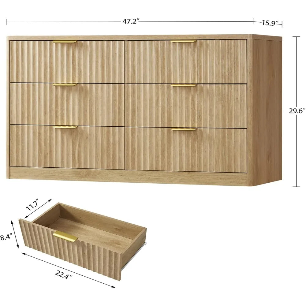 6 Drawer Dresser for Bedroom, Modern Chest of Drawers with Metal Handle, Curved Profile Design, Wood Closet Clothes
