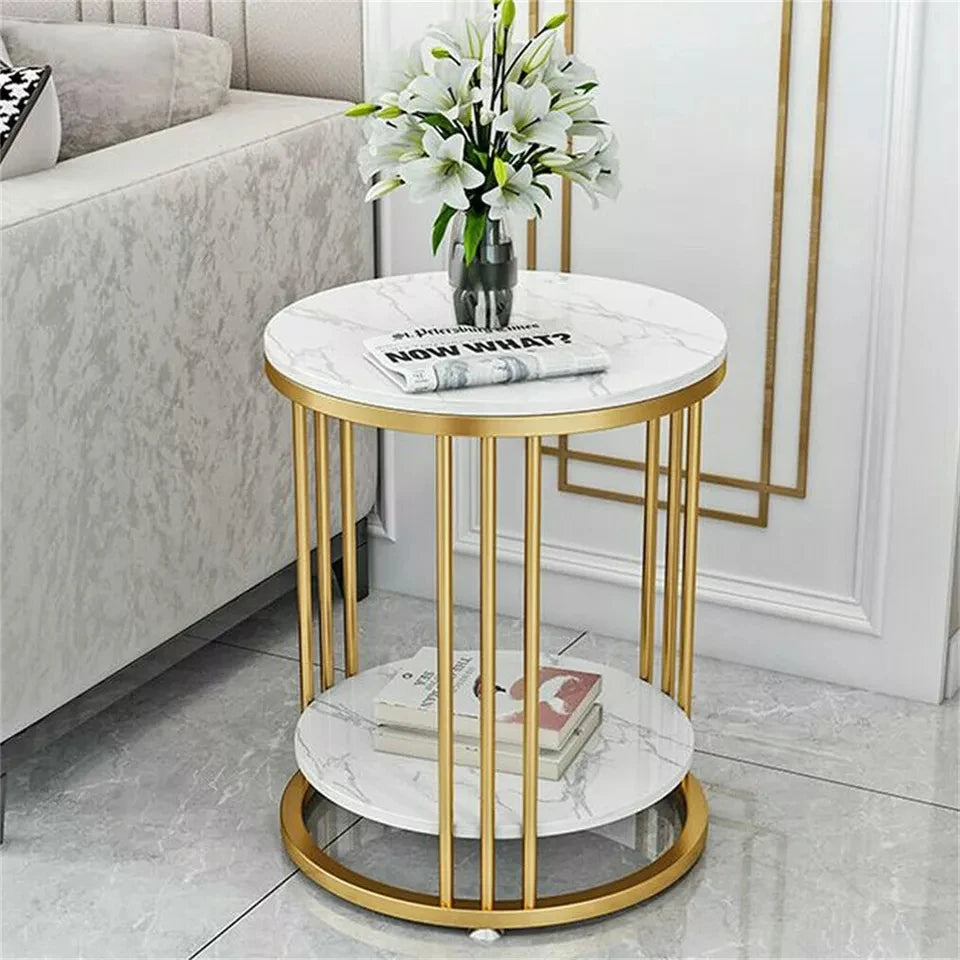 2 Tiers Round Sofa Side Table Sintered Stone Gold Metal Frame End Table Marble Accent Coffee Table Nightstand
