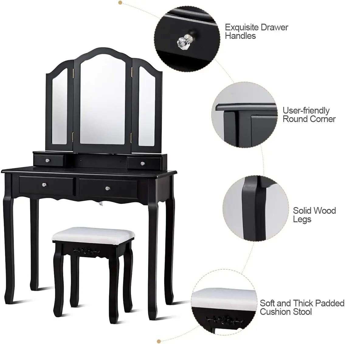 Vanity Set with Tri-Folding Mirror, 4 Drawers, Cushioned Stool - Modern Makeup Table for Girls & Women (Black)