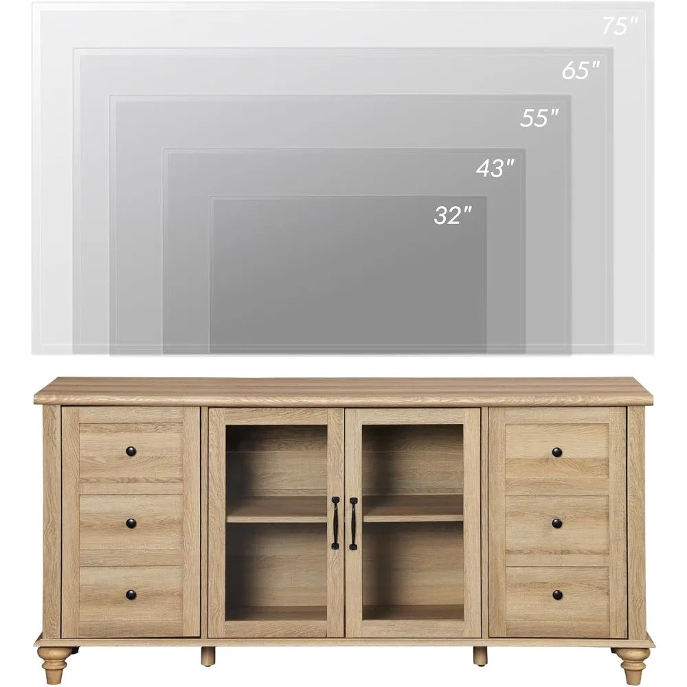 Farmhouse TV Stand for TVs Up to 65 inch, Wood TV Console Table with Storage Cabinets & Glass Door,