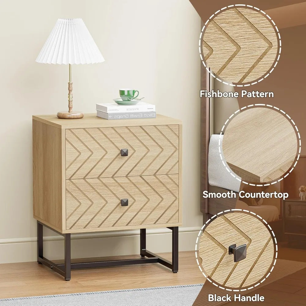 Modern Nightstand with 2 Drawers, Wood Night Stand with Metal Legs, Boho Bedside Table, Accent End Table for Bedroom
