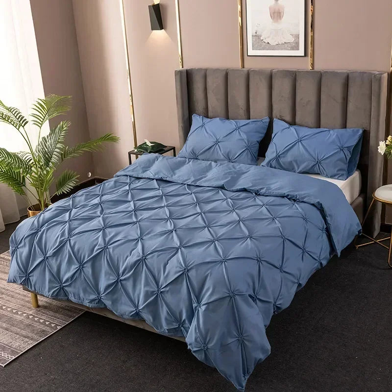 3D Buttoned Pleated Quilt Cover Set 100% Polyester Fabric Soft Skin-friendly Duvet Cover and Pillowcases Solid Color Bedding Set