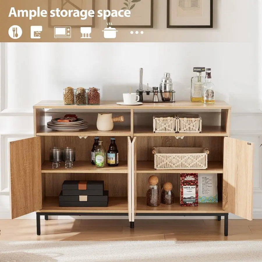Fluted Sideboard Buffet Cabinet with Storage, Coffee Bar Console Cabinet with 4 Doors and Adjustable Shelves, Modern Wood Creden