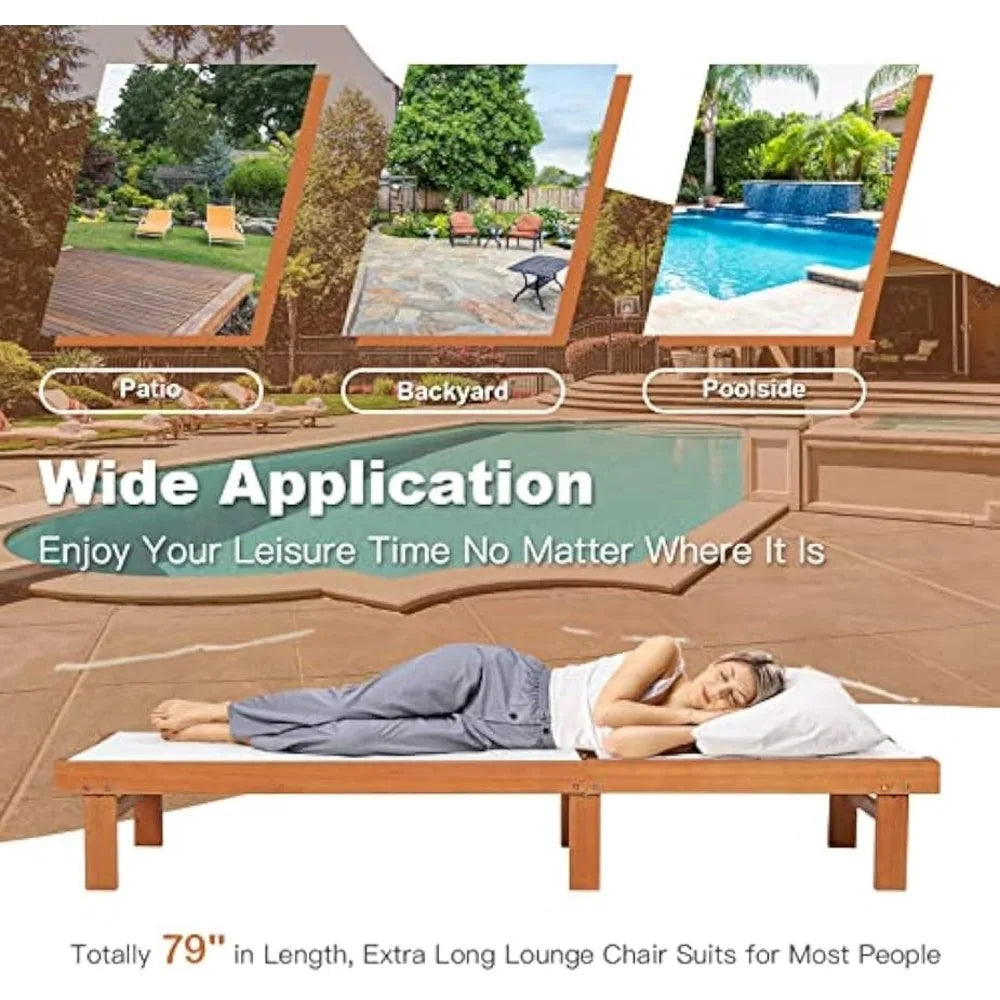 Patio Wood Chaise Lounge Chair, Strong Eucalyptus Wood Frame, 5-Position Adjustable Outdoor Recliner with White Mesh (2)