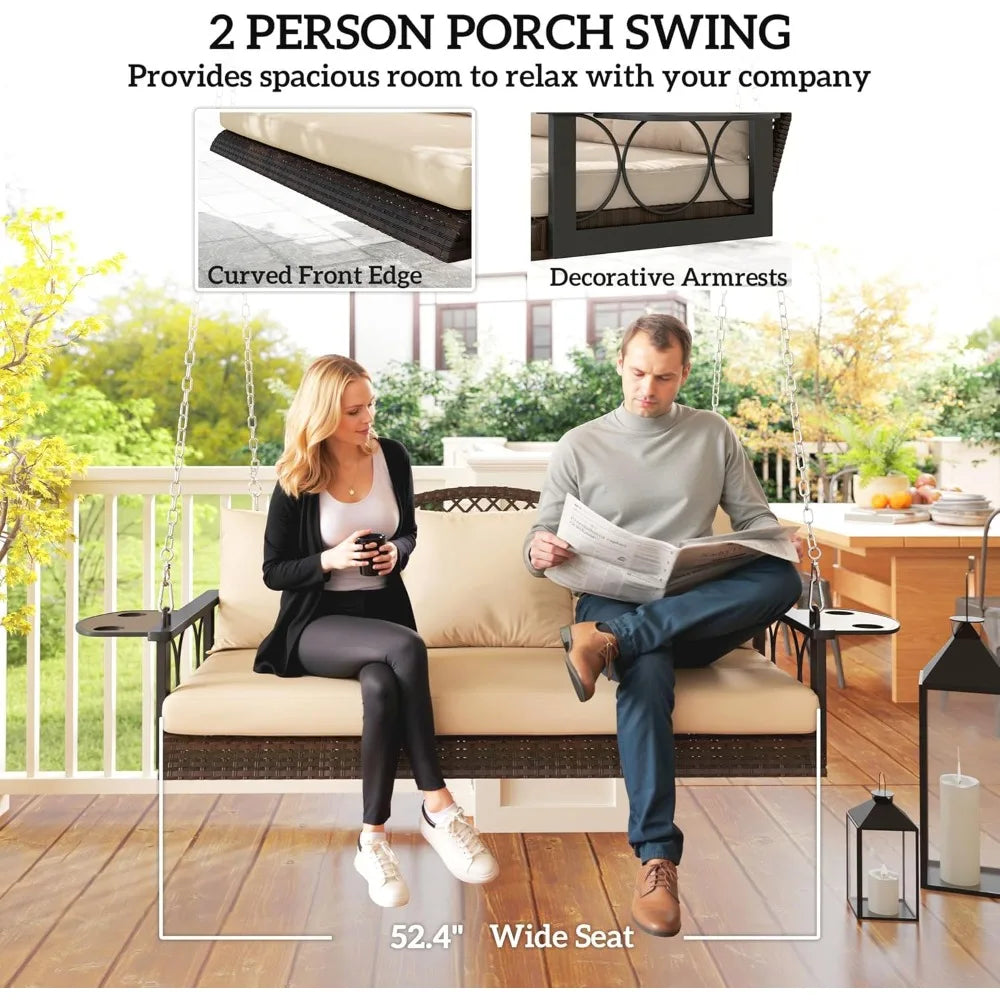 3 Person Wicker Porch Swing Chair Heavy Duty 800 LBS with Cup Holder, 57 Inch Outdoor Rattan Patio Hanging Swing Bench