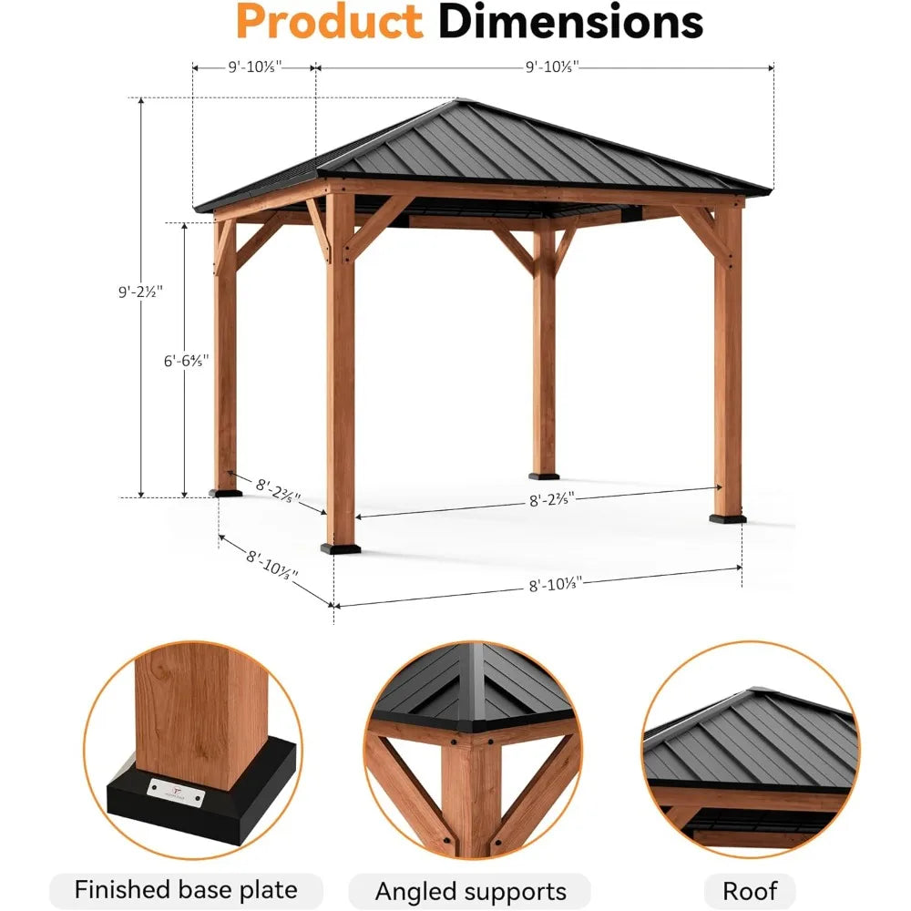 Modern Shade Tranquil Grove Wood Gazebo 10' x 10', Permanent Grill Gazebo with Galvanized Steel Hardtop Roof, Cedar Framed