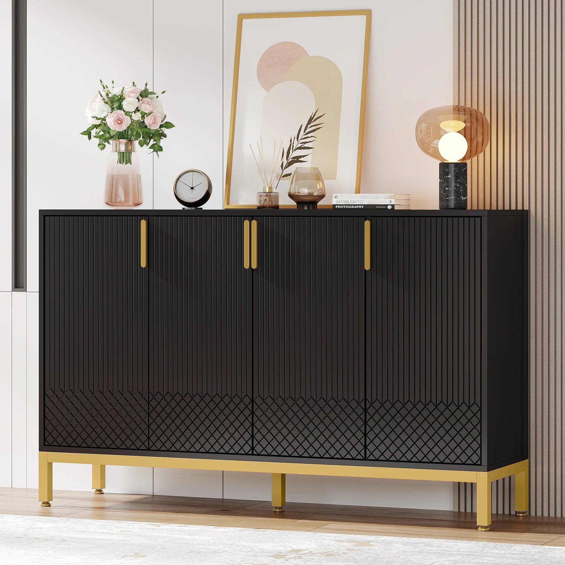 Tribesigns Modern Storage Cabinet, 59 Inch Console Cabinet Sideboard Buffet Cabinet with 4 Doors & Gold Metal Base