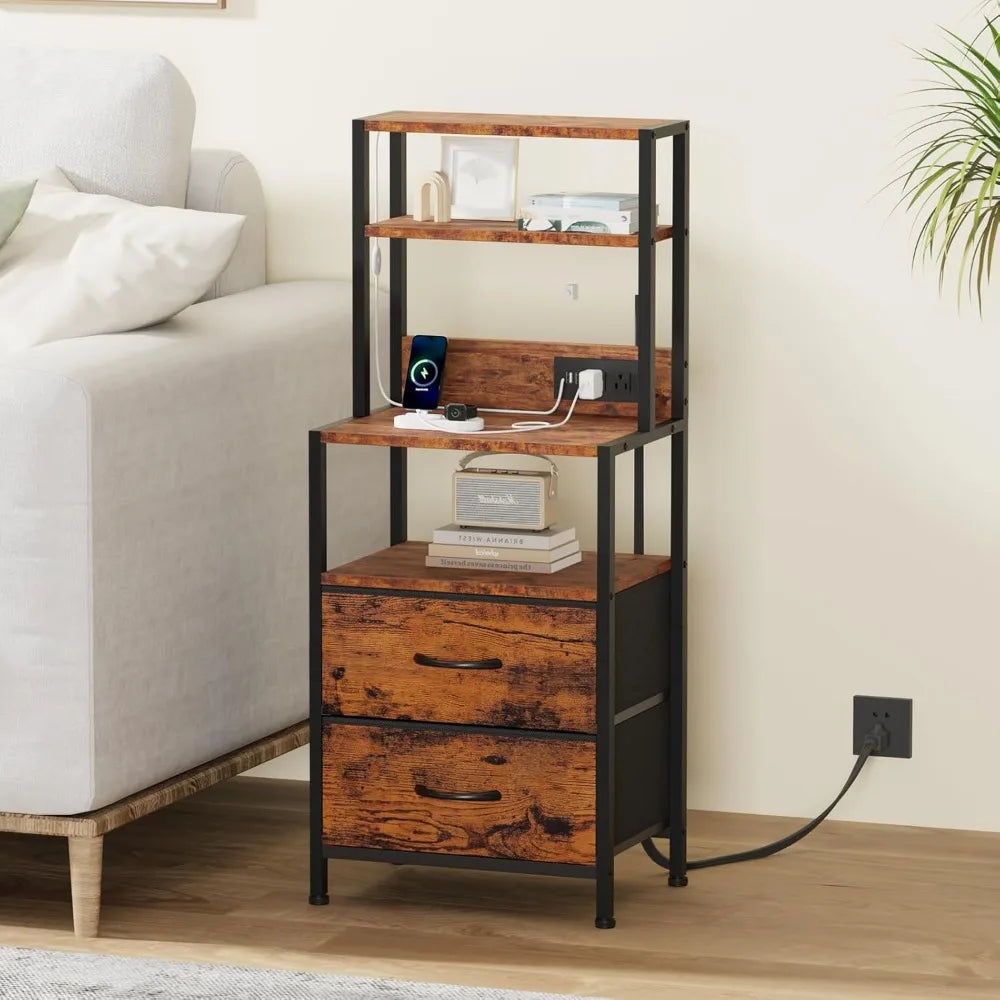 Tall Nightstand with 4 Shelves, 2 Fabric Drawers, LED Light & Charging Station for Bedroom or Office in Rustic Brown