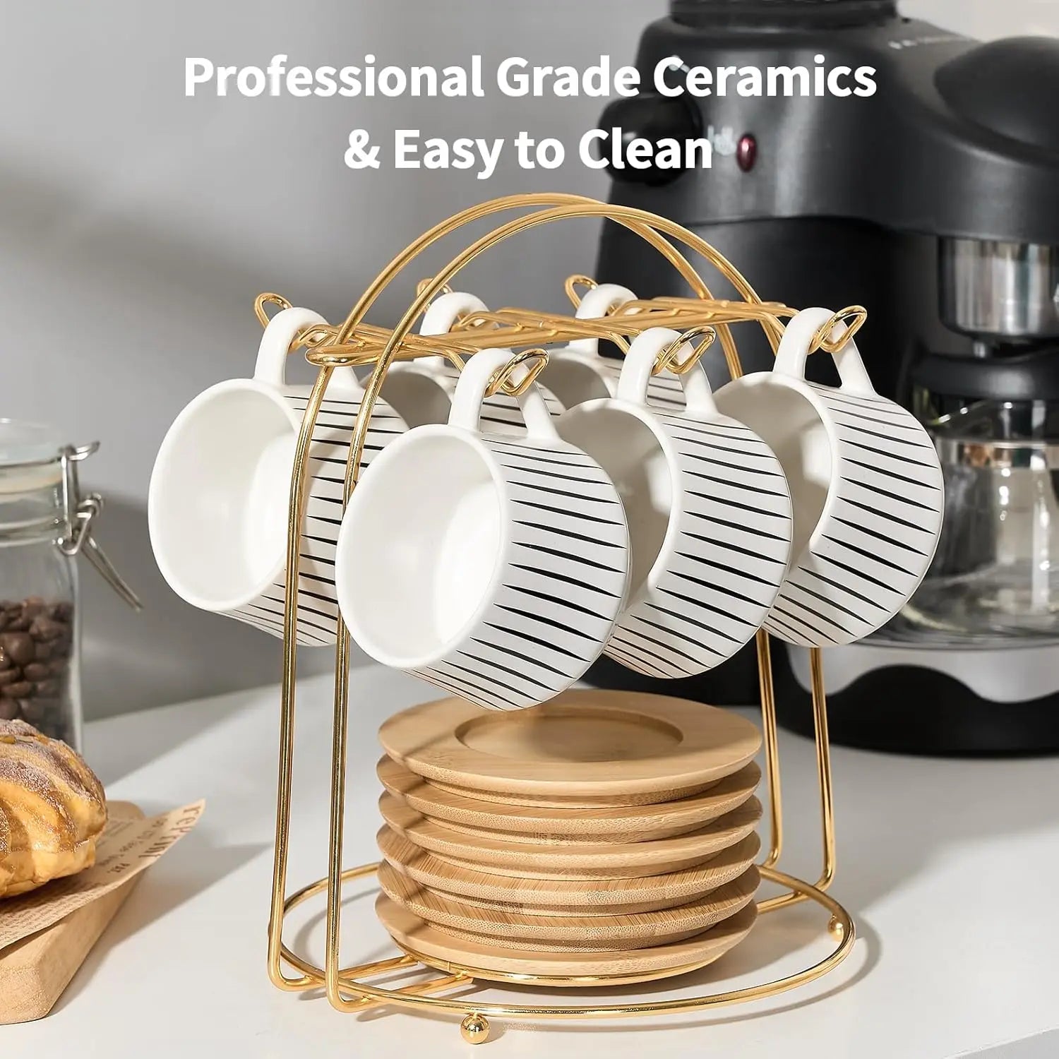 Ceramic Espresso Cup Set with Saucers and Metal Holder, 6-Piece White Porcelain Demitasse for Coffee and Tea