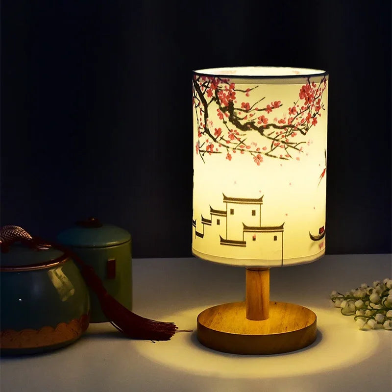 LED Table Lamps Decoration Plum Blossom Desk Dimmable EU Plug Night Light Chinese Style Fabric Simple  Bedroom Bedside Lights