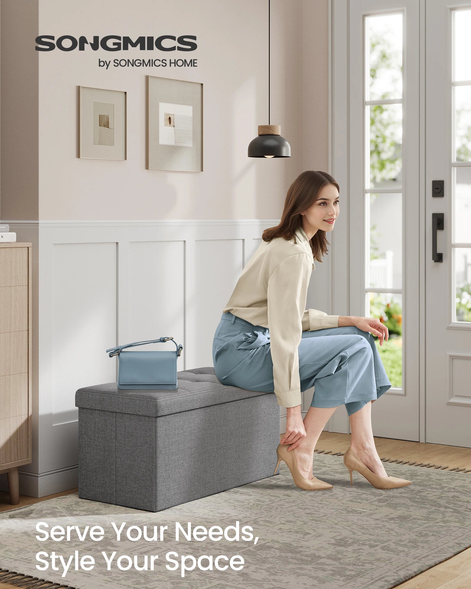 SONGMICS Folding Storage Ottoman Bench – 30″ Storage Chest Footrest