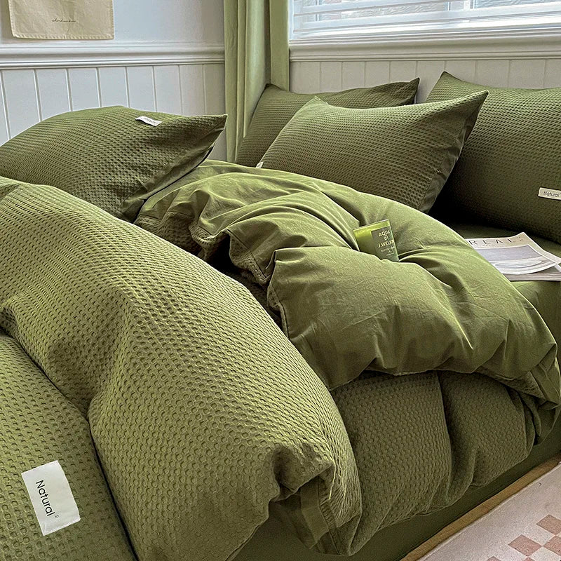Simple Waffle Jacquard 100% Cotton Bedding Set Soft Comfortable Queen Duvet Cover Set with Sheets Quilt Cover and Pillowcases