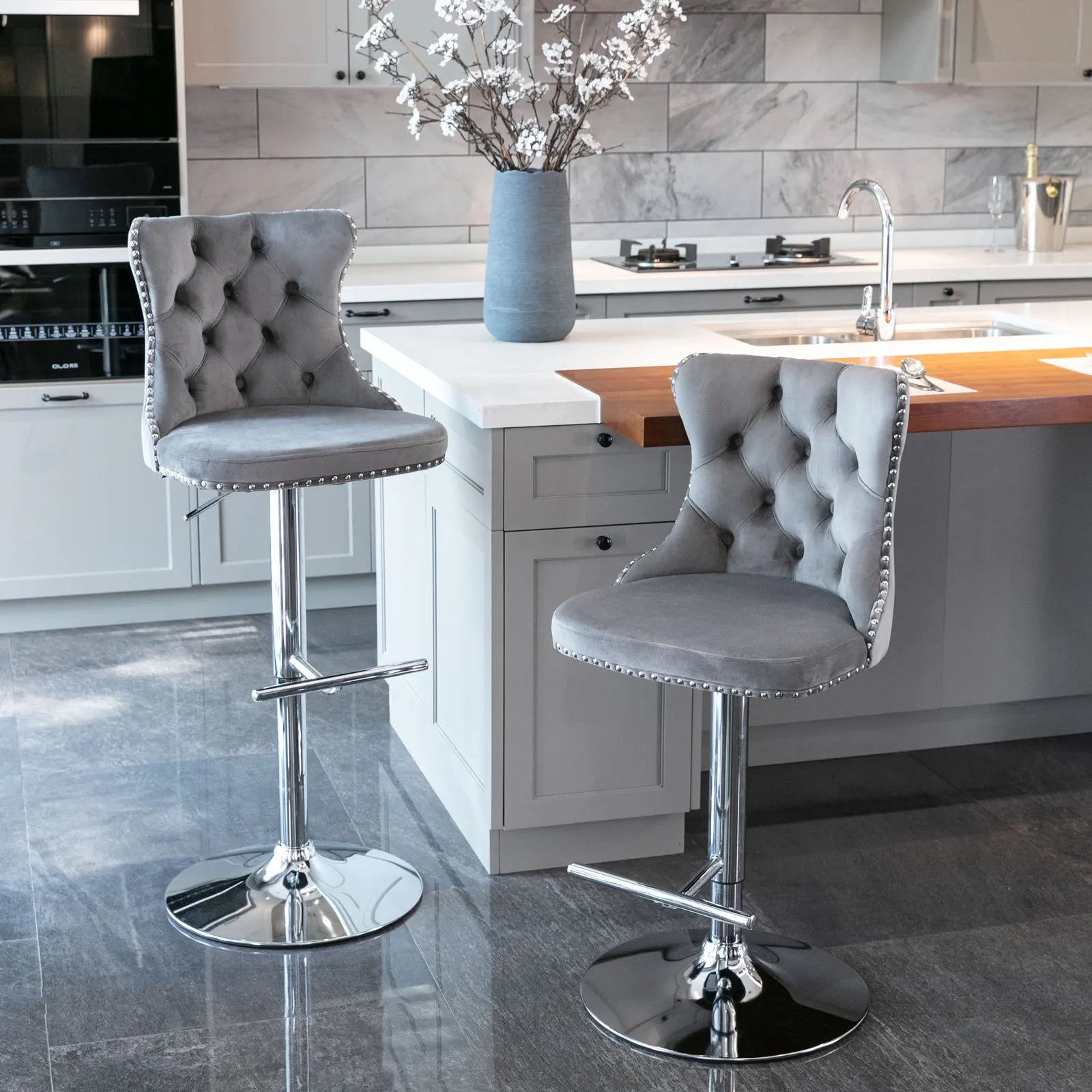 Swivel Velvet Bar Stools – Adjustable Counter-Height Chairs (Set of 2)