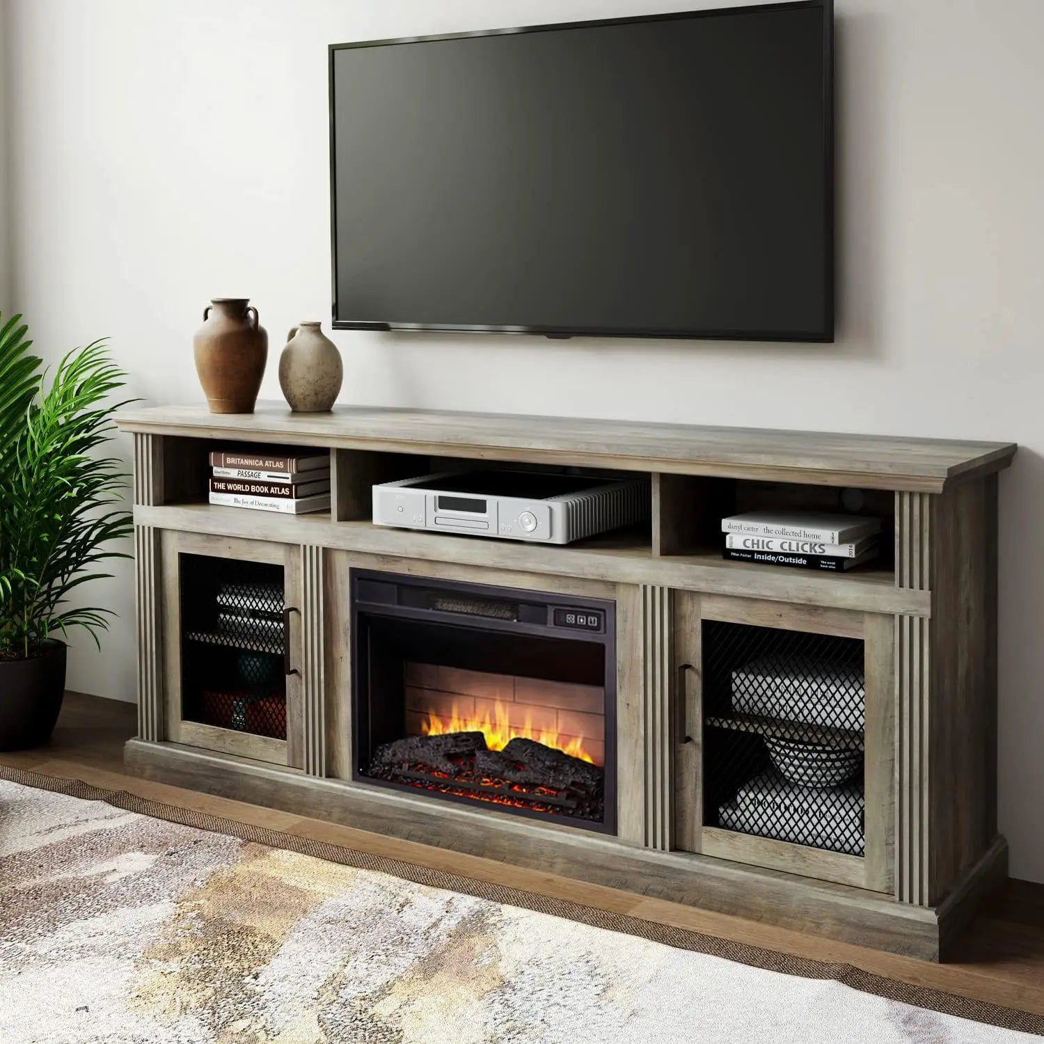 3D Fireplace TV Stand for TVs up to 80’’, Wooden Media Entertainment Center Table & TV Cabinets w/Storage Shelves & Barn Door