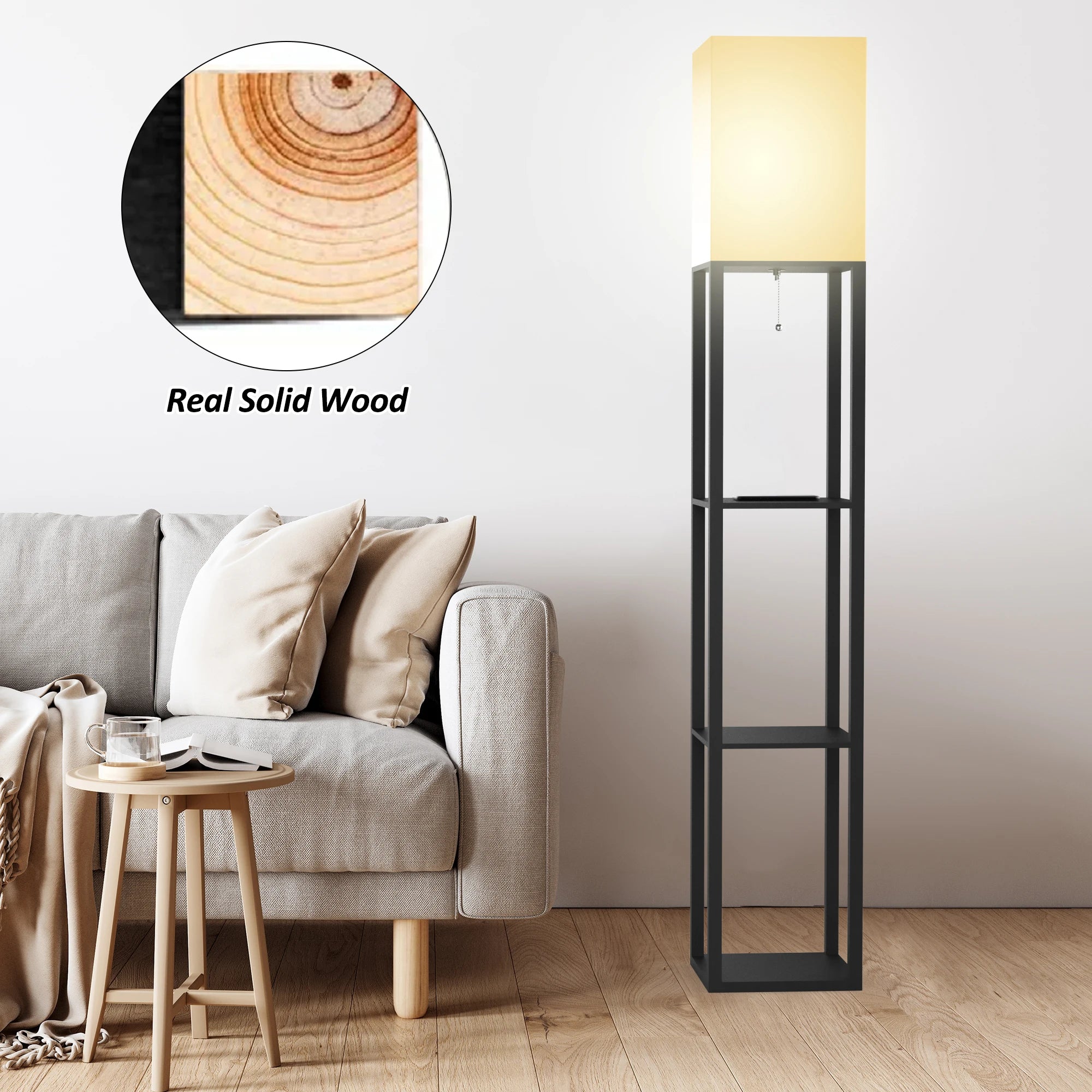 Column Floor Lamp with Shelves, Real Solid Wood and Bulb Included