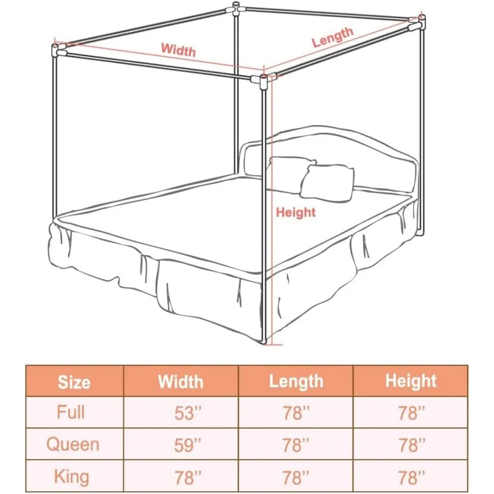 Queen Size Stainless Steel Canopy Bed Frame with Thick Brackets & Mosquito Curtains