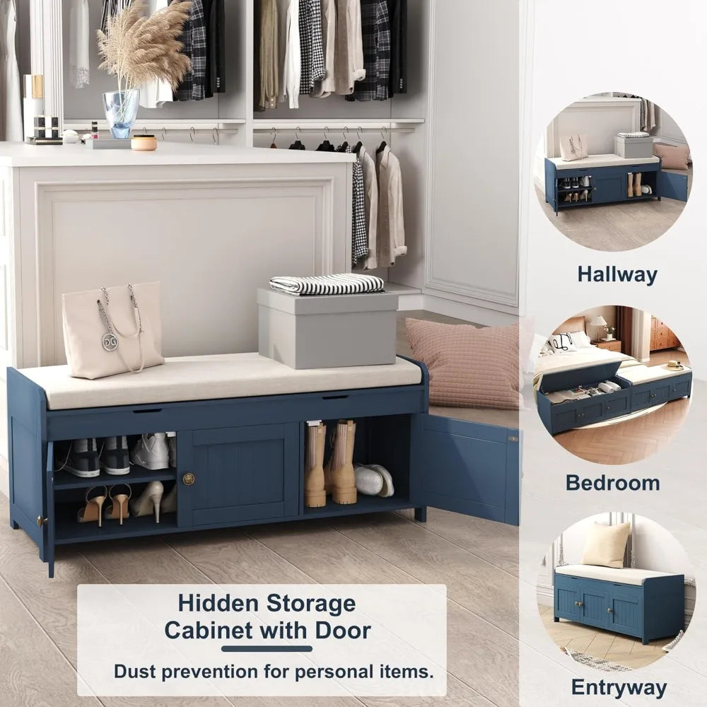 Shoe Storage Bench with Cushioned Seat – Wooden Entryway Cabinet