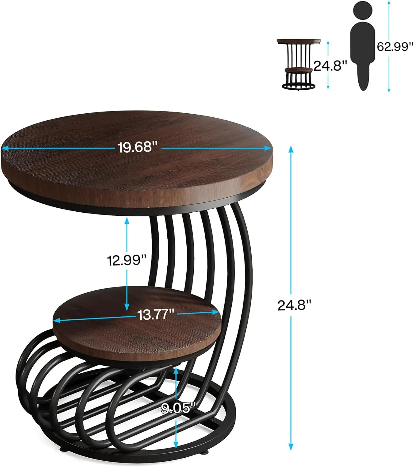Round End Side Table: Side Table with 2 Tiers Storage Shelves, Vintage End Table for Living Room, Small Bedside Table Accent Tab