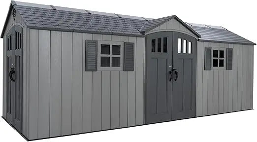 20x8 Ft Outdoor Storage Shed, Gray HDPE Construction, Steel-Reinforced Walls, Dual-Ewntry Design with Lockable Doors