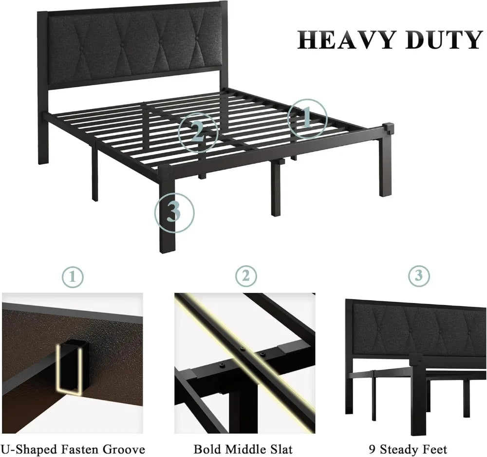 Queen Metal Bed Frame with Fabric Button-Tufted Headboard – 12″ Underbed Storage