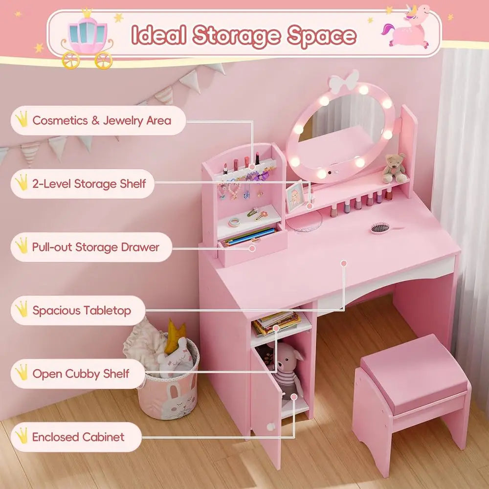 Princess Vanity Set for Kids with Mirror, Lights, Storage, and Cushioned Seat in Pink