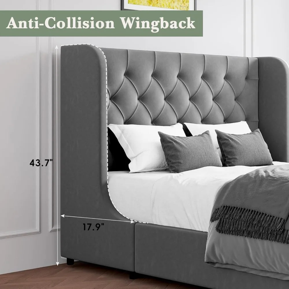 Velvet Upholstered Platform Bed Frame with Headboard – Curved Wingback Design