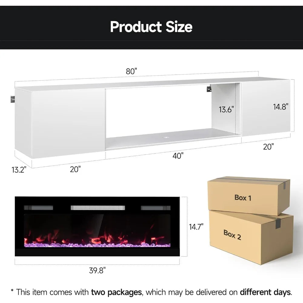 80" Floating TV Stand with 40" Electric Fireplace & LED Lights, Wall Mounted High Gloss Finish Entertainment Center with Storage
