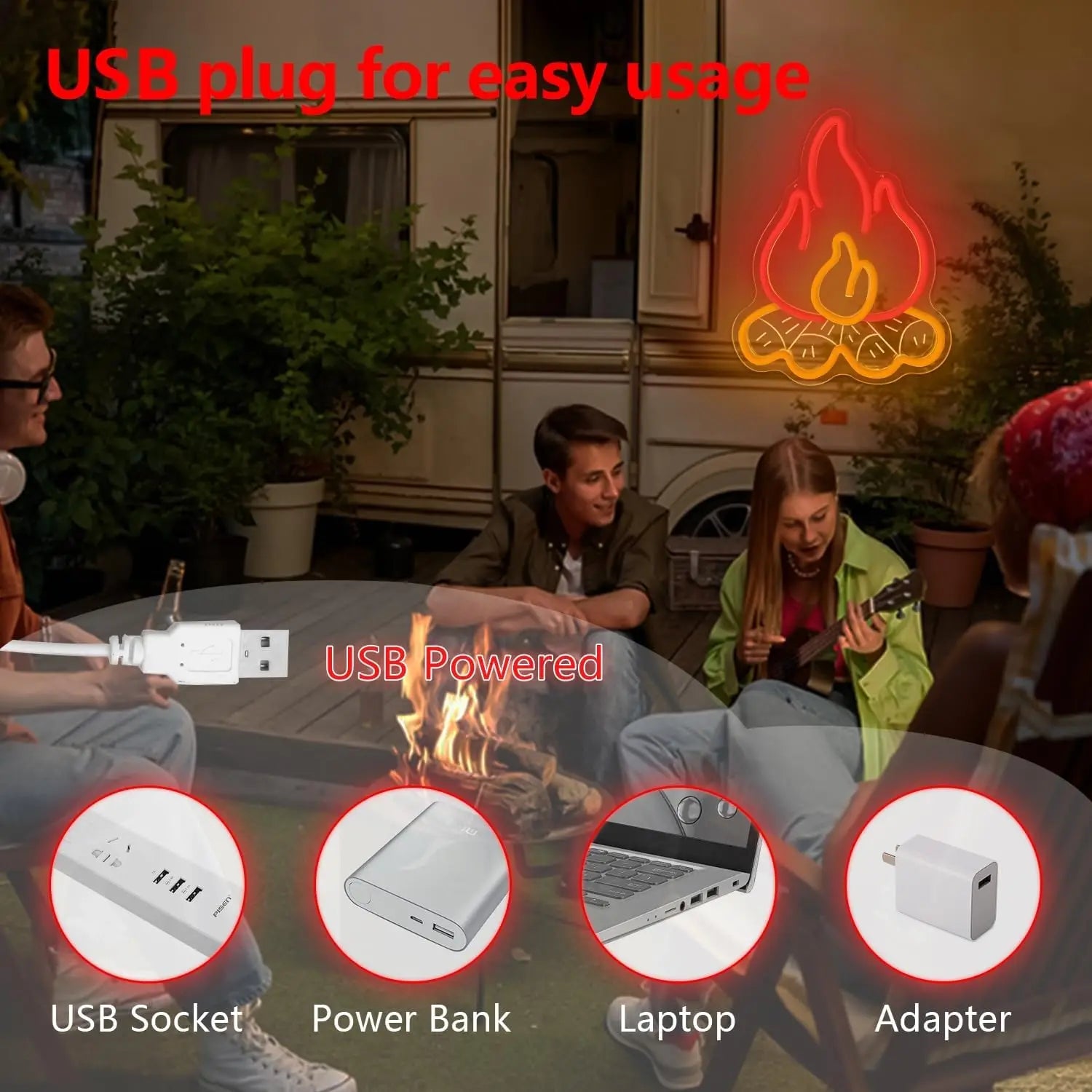 Campfire Neon Sign Bonfire LED Happy Camper Flame Neon Light USB Dimmable for Campsite Rv Touring Trailer Fireplace Party Decor