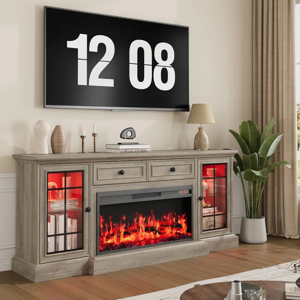 Fireplace TV Stand Up to 80" TVs,70'' Modern Entertainment Center with 36" Electric Fireplace&LED Lights,Farmhouse Media Console