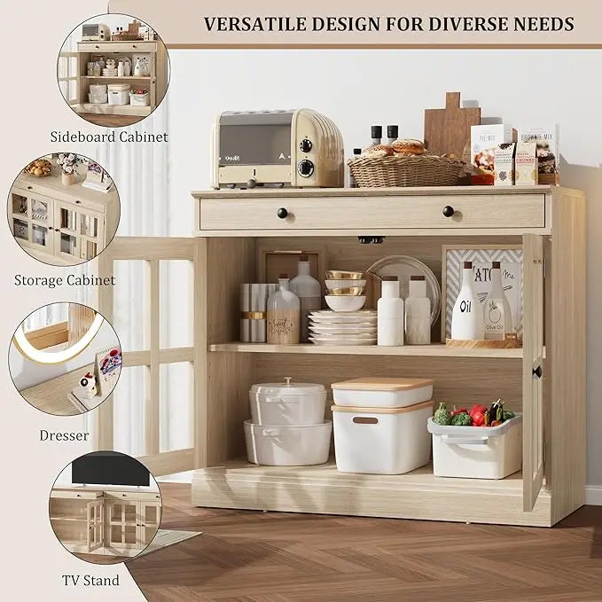 35.4" Oak Sideboard Buffet Cabinet with Glass Door & Drawer & Adjustable Shelf,Modern Storage Buffets & Sideboards for Kitchen