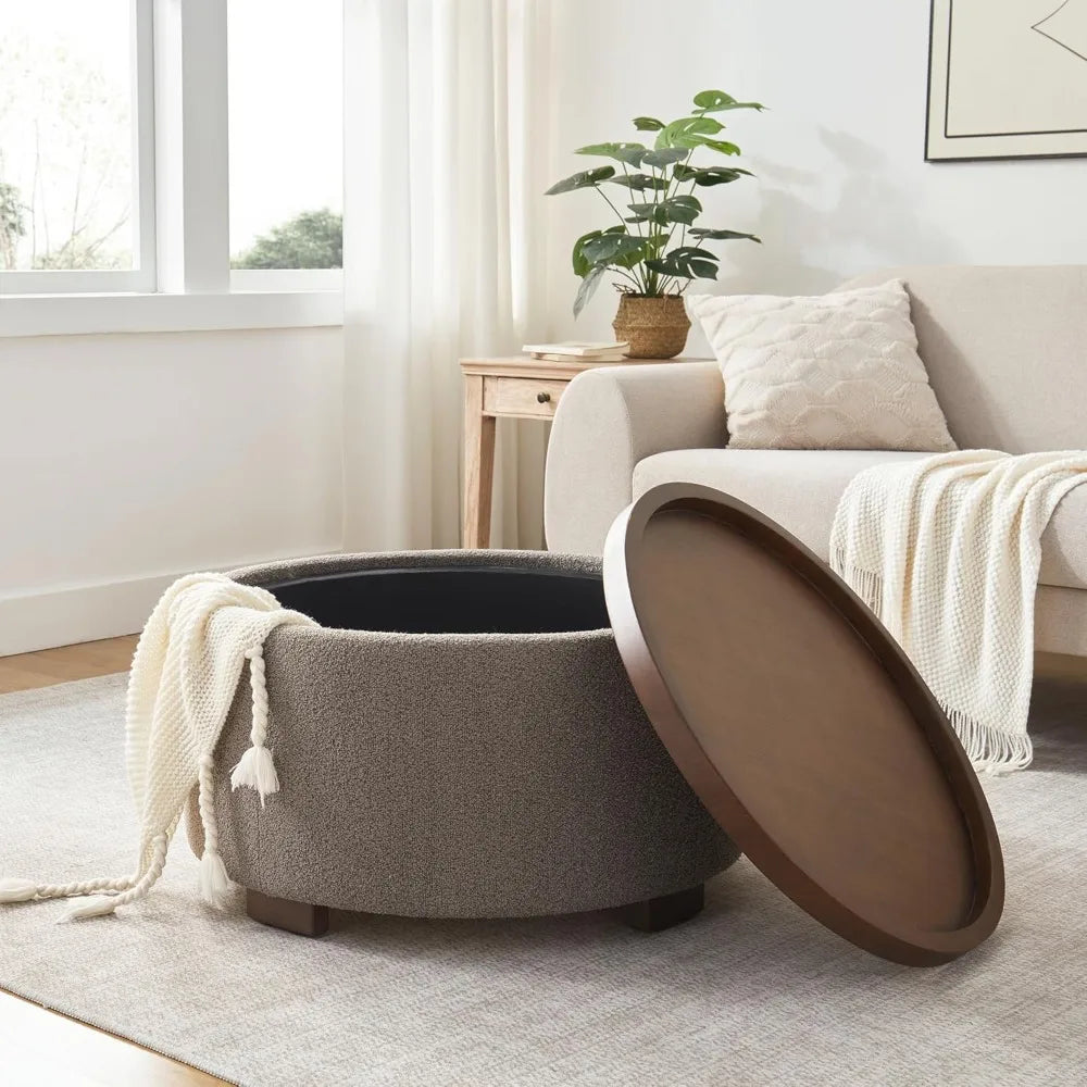 30” Round Boucle Storage Ottoman – Lift-Off Lid Coffee Table with Solid Wood Legs