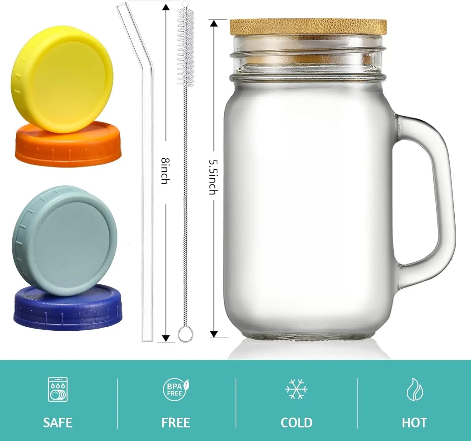 Mason Jars with Handle, Glass Mugs with Straws and Bamboo Lids & Colorful Airtight Lids 4pcs Set, 16oz Drinking Glass Cups, Trav