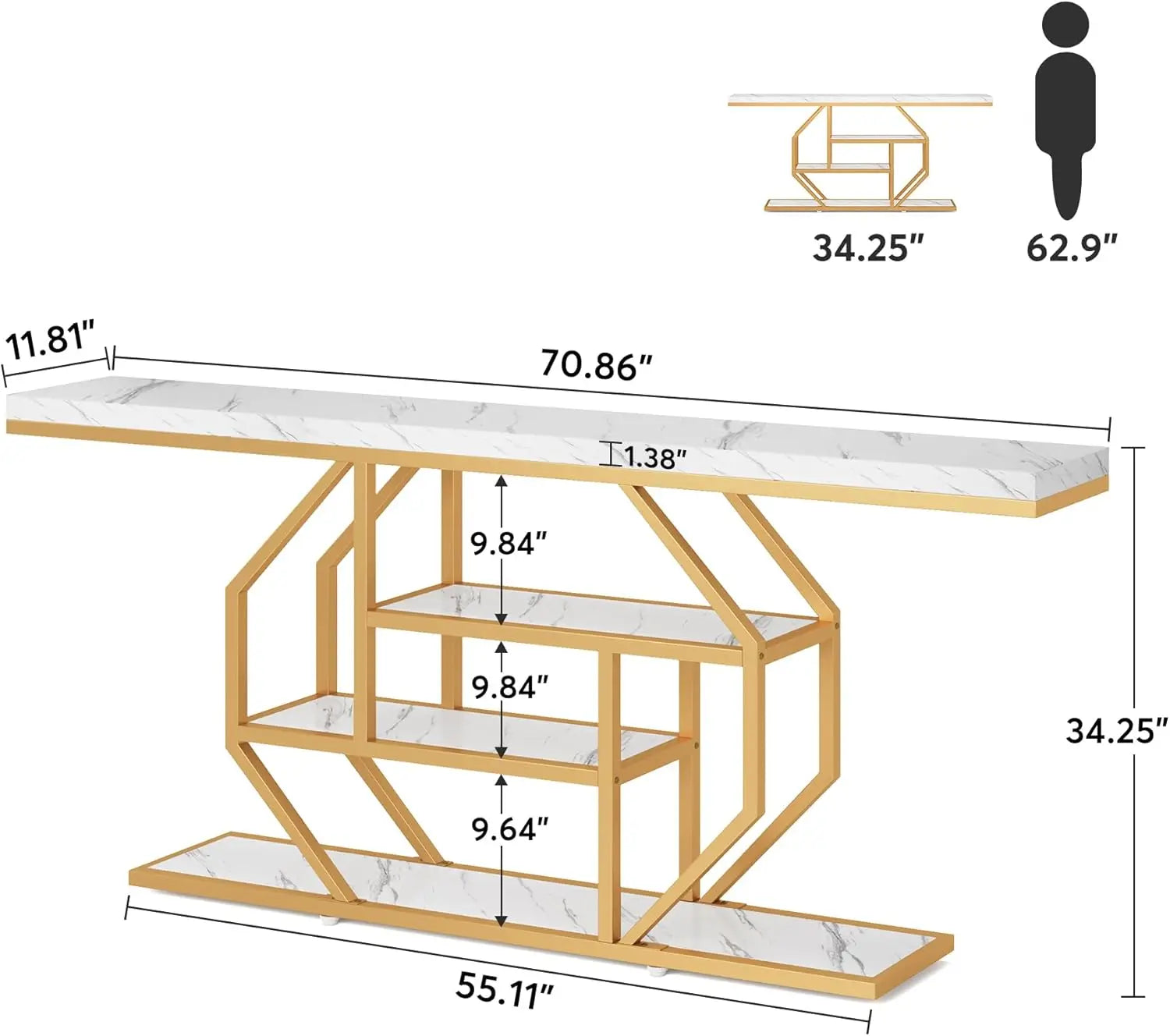 70.9' Modern Gold Console Table with Storage, Faux Marble White Sofa Table for Living Room, Entryway, Hallway