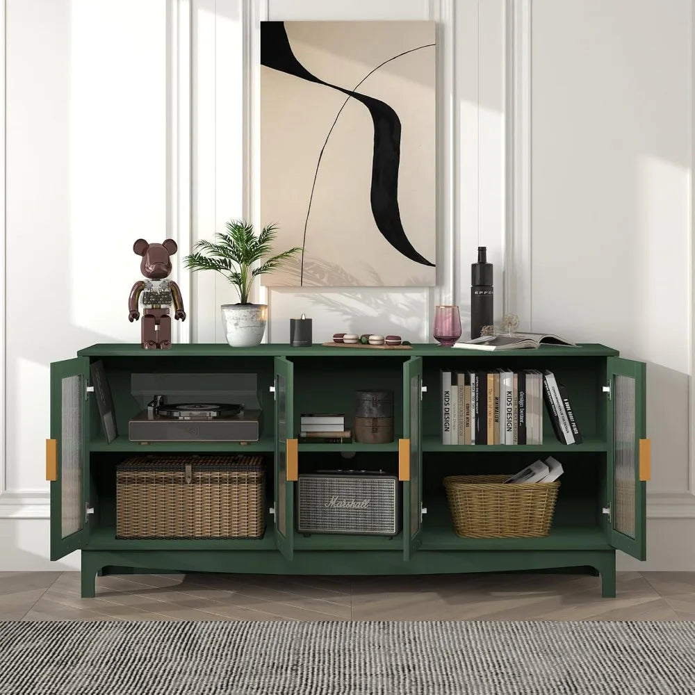 65 Inch Green TV Stand for TVs up to 70+ inch, Mid Century Modern Glass Door TV Console Table,Entertainment Center with Storage