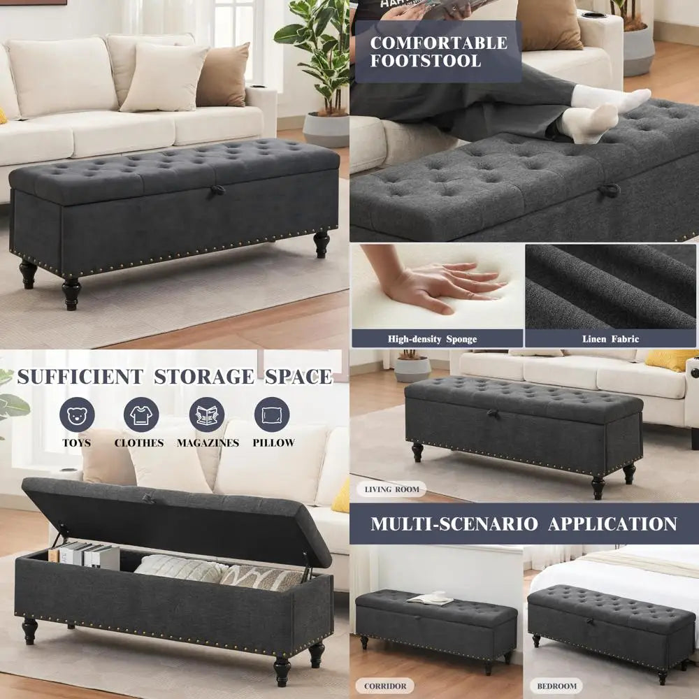 Large Upholstered Storage Ottoman Bench – Safety Hinges Heavy-Duty Design