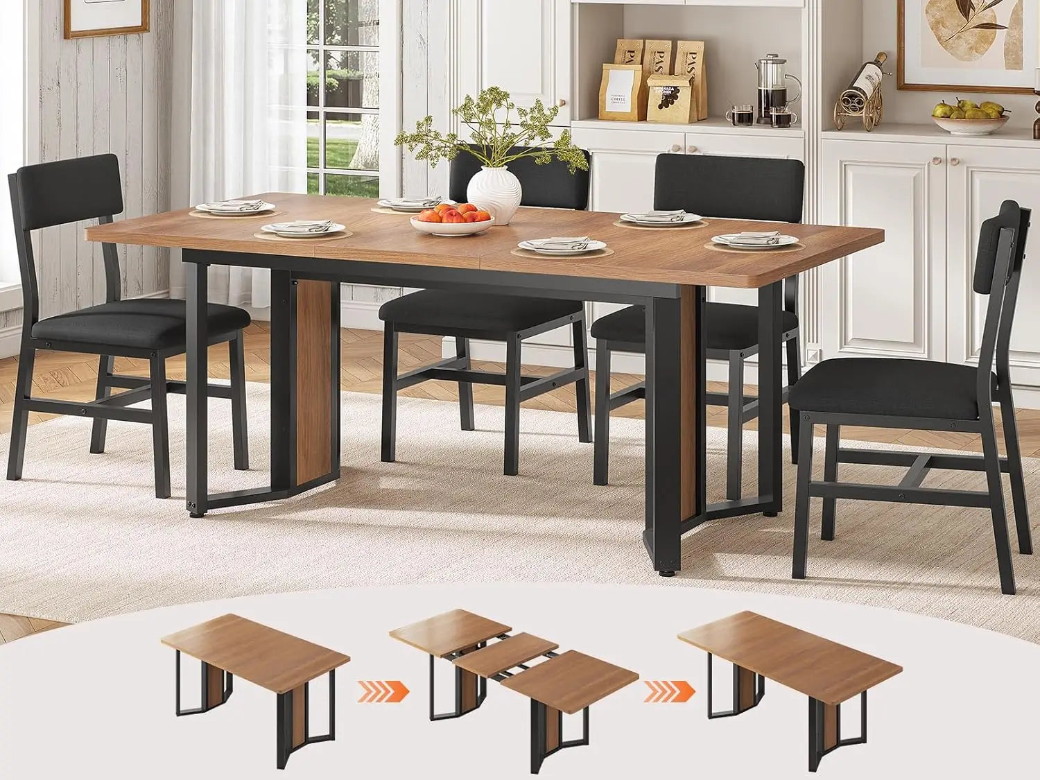 5-Piece Dining Table Set for 4-6 People, 63" Extendable Kitchen Table and 4 Cushion Chairs, Dining Room Table with MDF Boa