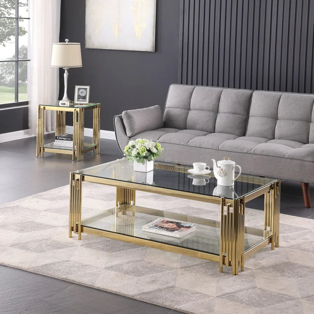 48” Gold & Glass Rectangular Coffee Table – Modern Center Table with Stainless Steel Legs