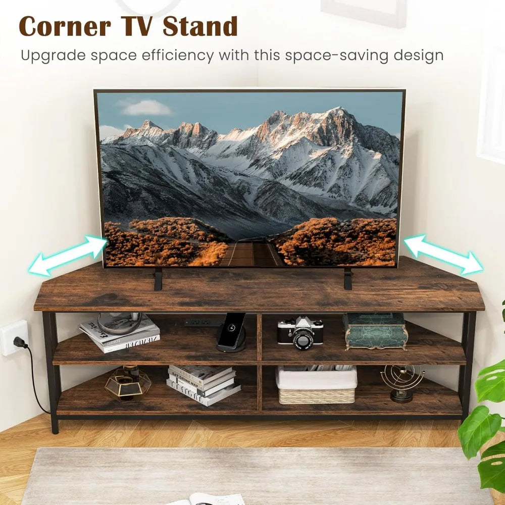 Corner TV Stand for TVs up to 65”, TV Console Table w/AC Outlets, USB A Ports, USB C Port, Metal Frame & Storage Shelve
