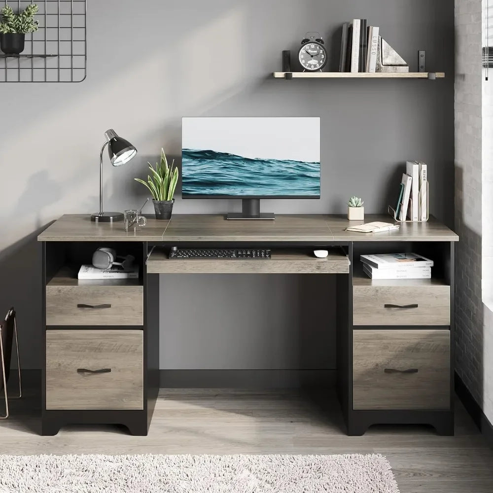 Industrial Executive Computer Desk with 4 Drawers, File Drawer, Keyboard Tray & Dual Pedestals