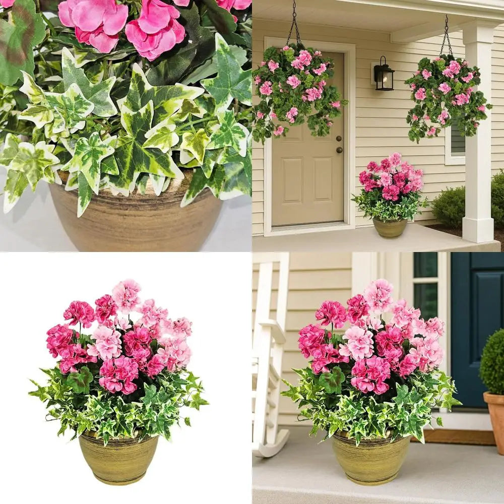 Pink Flowering Artificial Geranium Plant in Bronze Pot for Outdoor Porch and Patio Decor, Large Arrangement with Heavy Pot