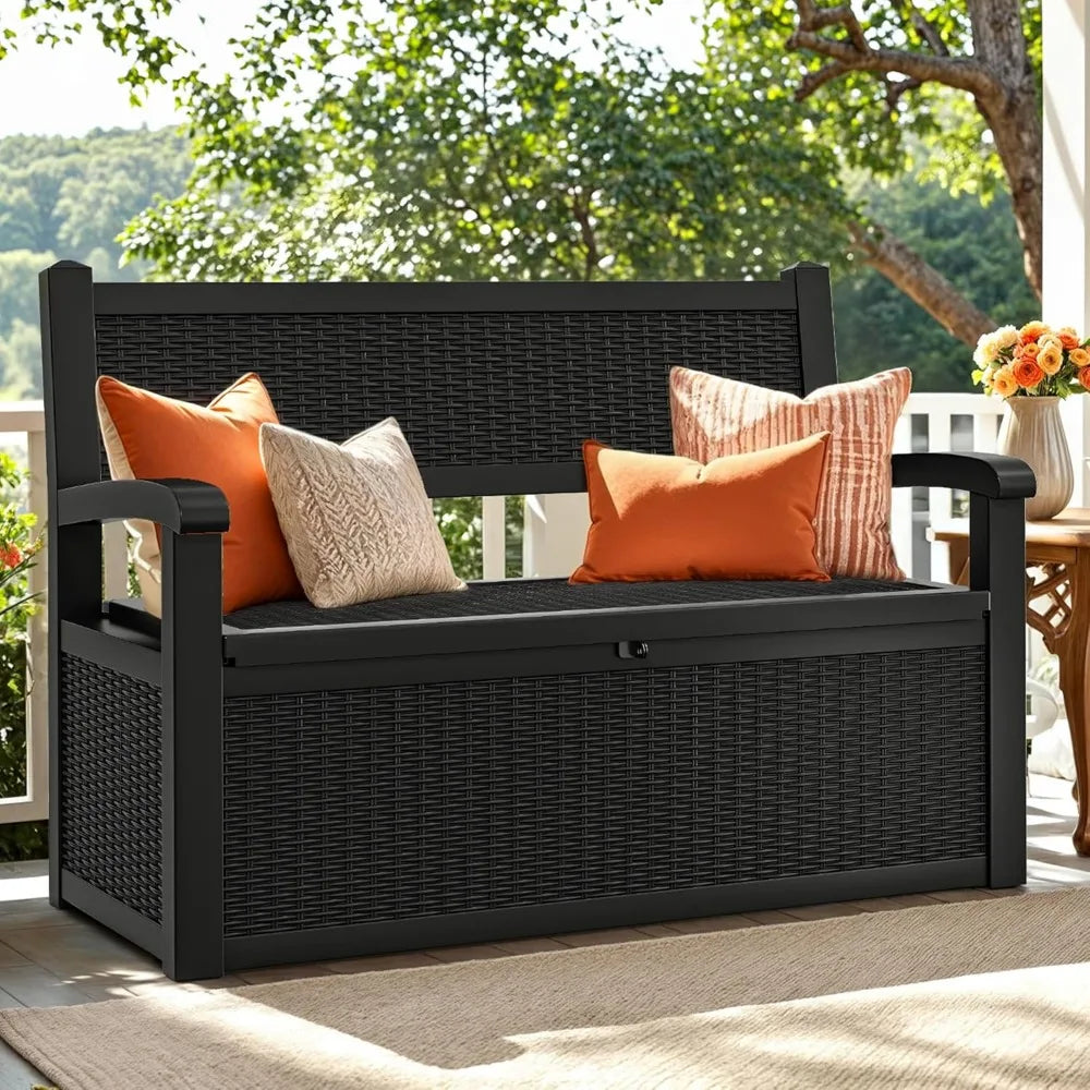 70 Gallon Deck Bench with Storage, Outdoor Storage Box Bench with Armrests for Patio Garden Pool Porch, Waterproof&Lock