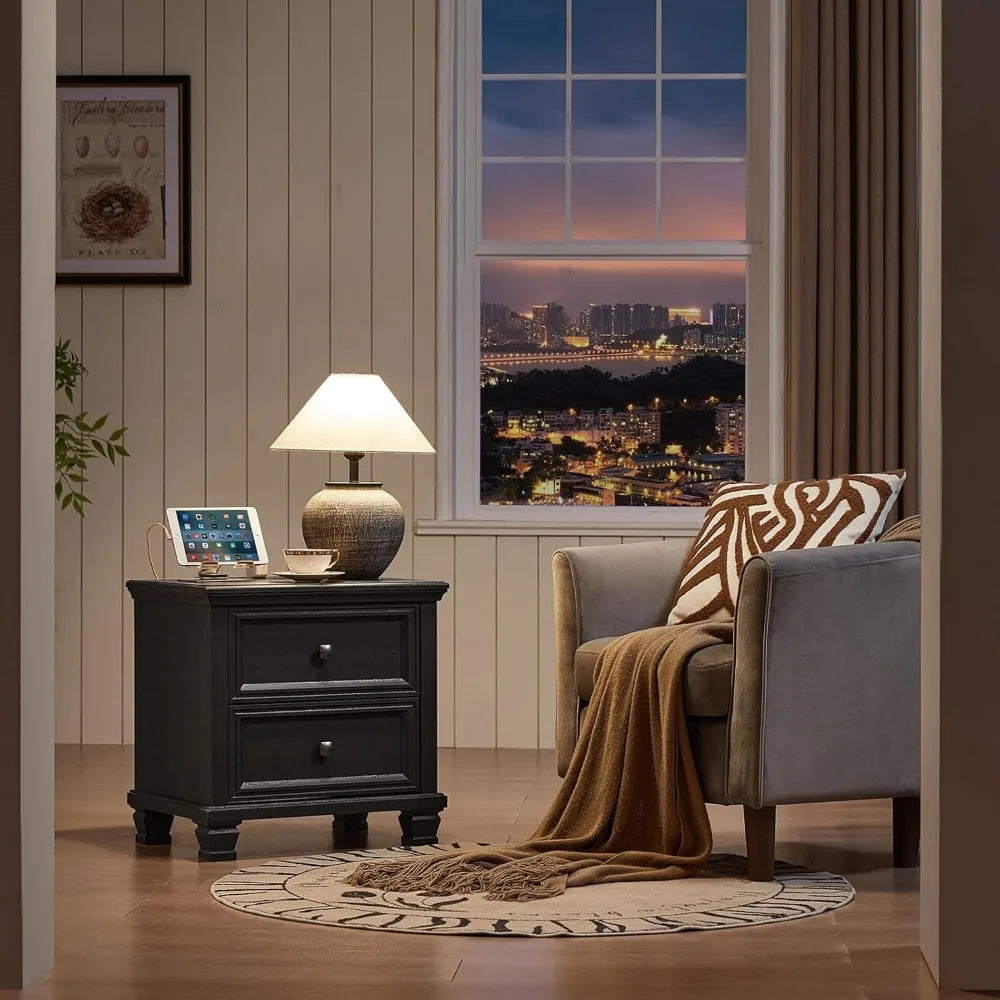 Nightstand with Charging Station, Rustic Low Night Stand with 2 Drawers, Mid-Century Modern End Table with 4 Square