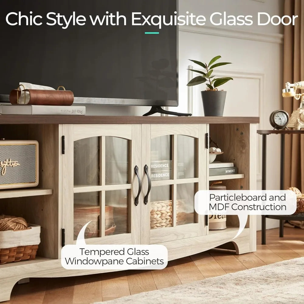 Farmhouse TV Stand for 65 Inch TV, Wood Entertainment Center with Glass Door Storage Cabinet & Adjustable Shelves, La