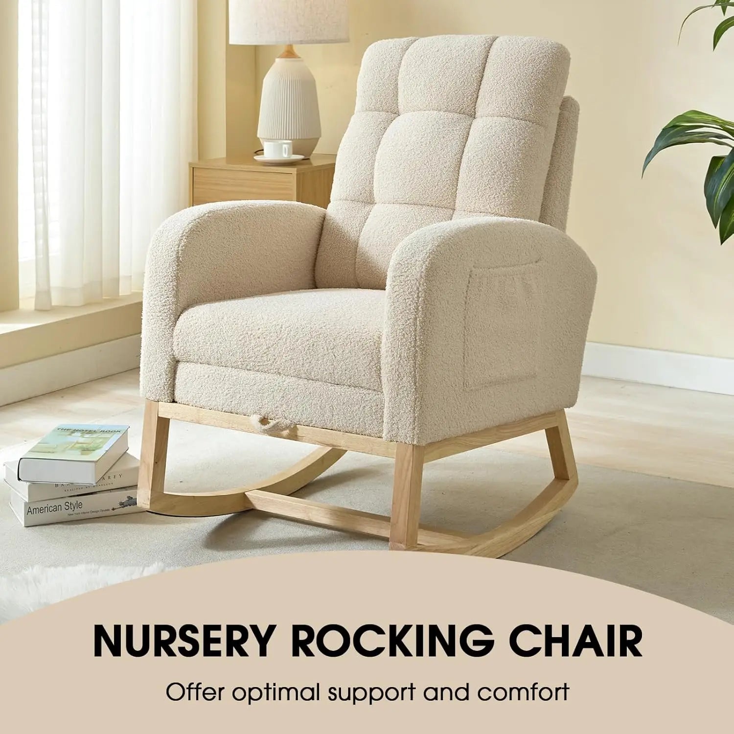 Modern Teddy Rocking Chair with Footrest & Side Pocket, Apricot Nursery Rocker for Living Room, Bedroom, Nursing Room