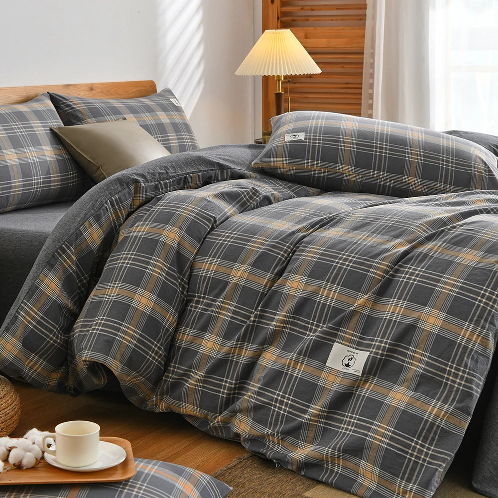 Cotton Duvet Cover Set – Japanese Grid Style (King Size, 220×240)