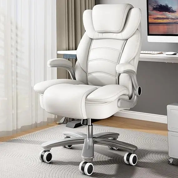 GYI Big and Tall Office Chair 400lb Wide Seat, Ergonomic High Back Leather Executive Desk Chair with Flip-up Arms, White